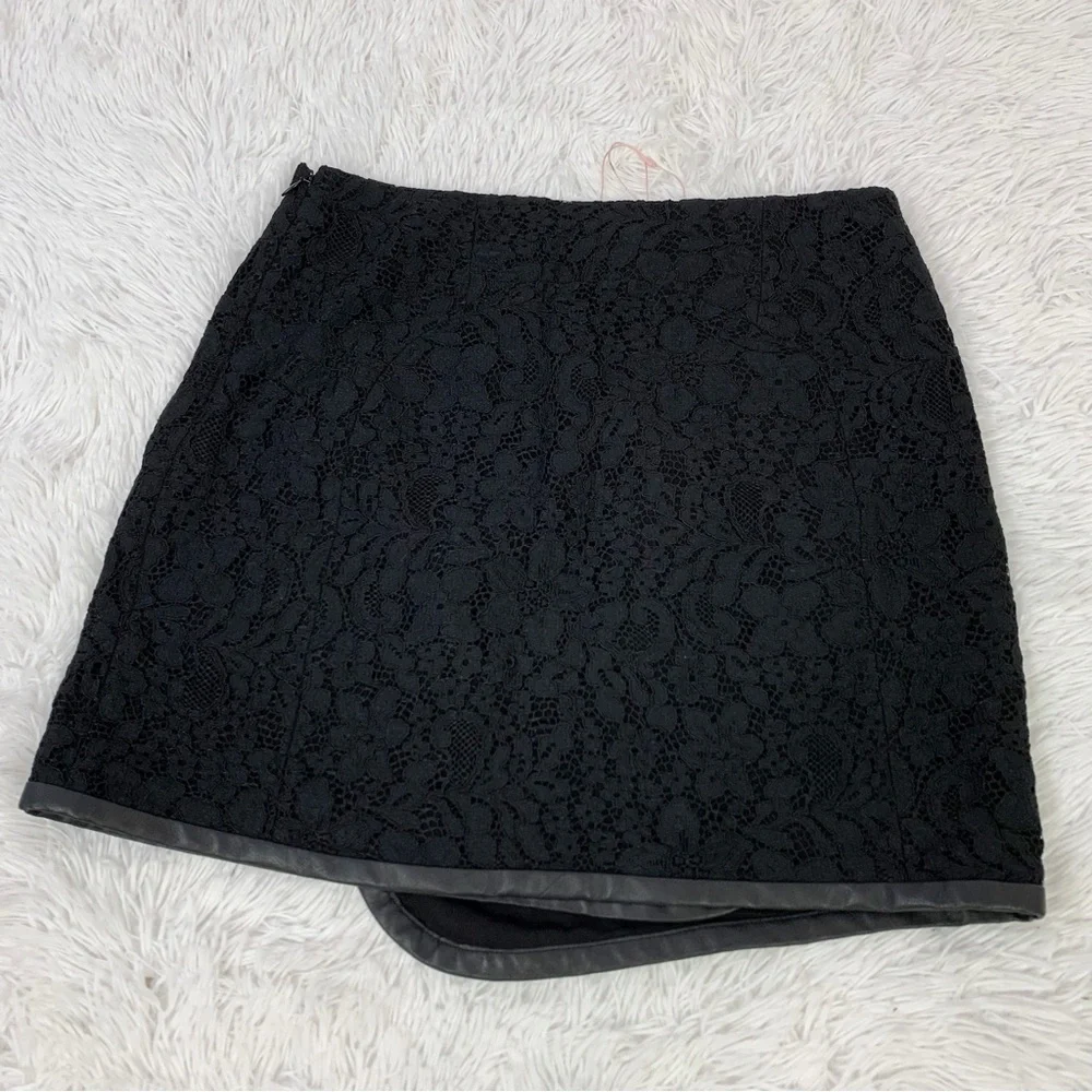 Rebecca Taylor black Lace faux Wrap mini Skirt with leather trim‎